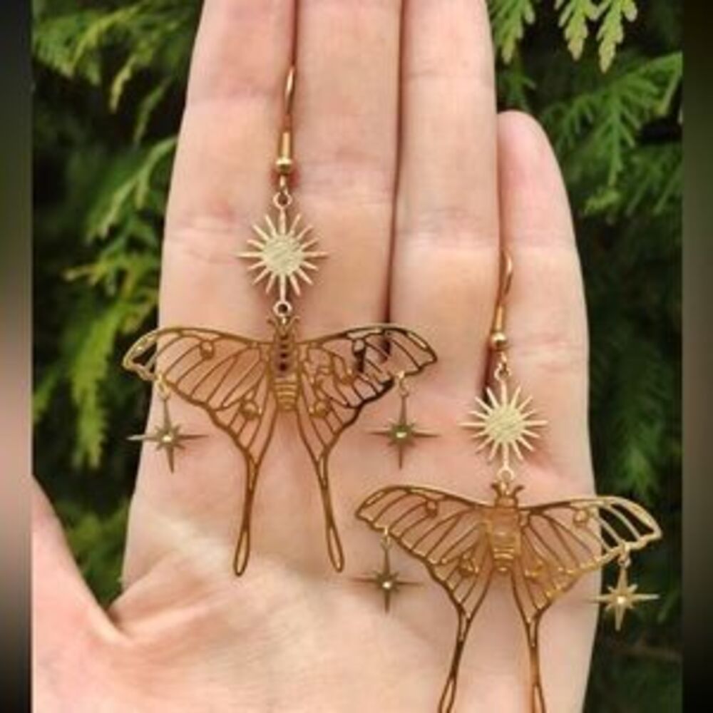 Gold Tone Moon Butterfly Earrings